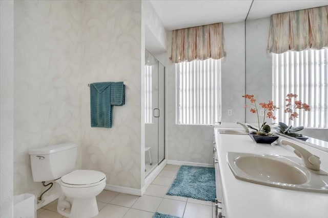 bathroom with tile patterned floors, a shower stall, toilet, and a sink