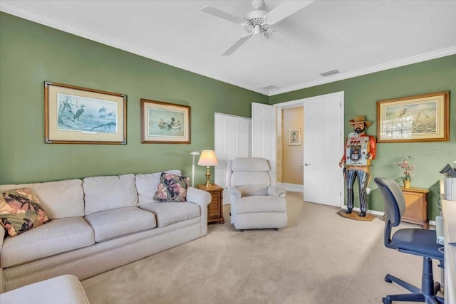 carpeted living area with ceiling fan, visible vents, baseboards, and ornamental molding