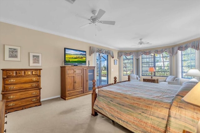 bedroom with access to outside, ornamental molding, baseboards, and light carpet