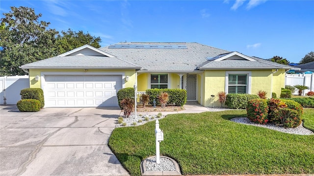 ranch-style home with a front lawn and a garage