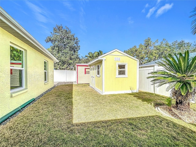 exterior space with a shed