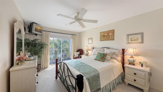 bedroom featuring ceiling fan, access to exterior, and light carpet