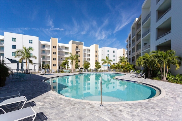 view of swimming pool with a patio area