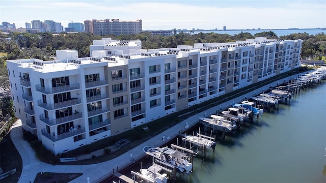 aerial view featuring a water view