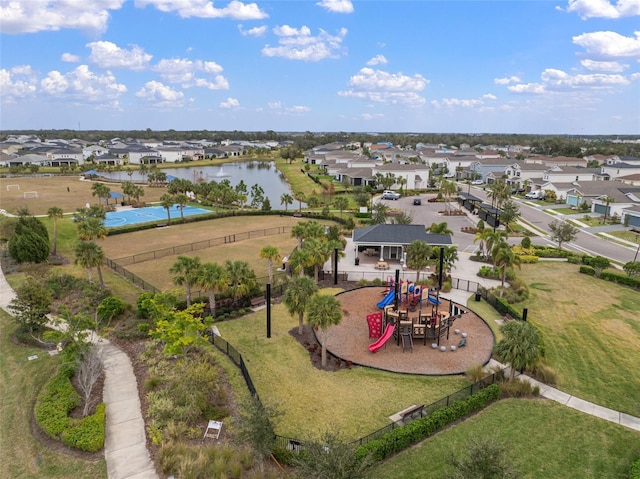 drone / aerial view featuring a water view