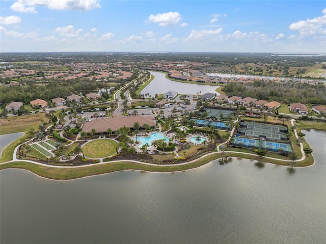 aerial view featuring a water view