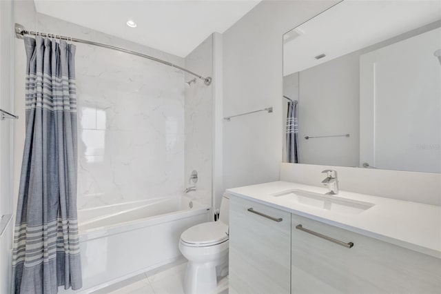 full bathroom featuring shower / bath combination with curtain, vanity, and toilet