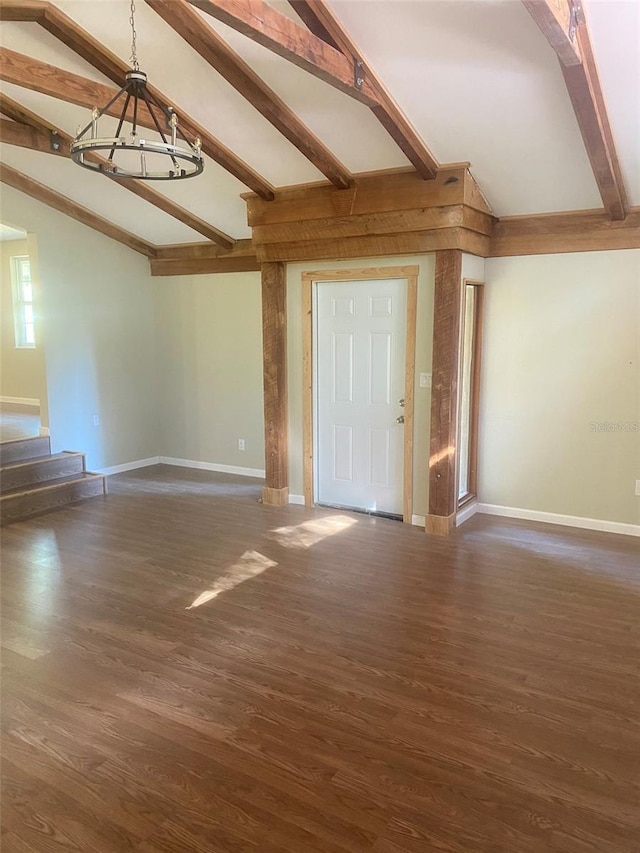 unfurnished living room with beam ceiling, dark wood-type flooring, and high vaulted ceiling