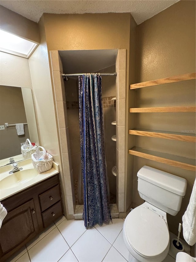 bathroom with walk in shower, tile patterned floors, toilet, a skylight, and a textured ceiling