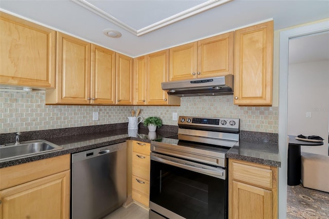 kitchen with decorative backsplash, sink, stainless steel appliances, and light brown cabinets