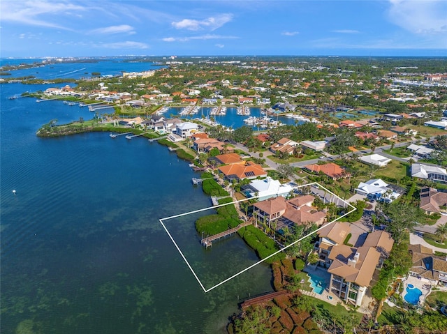 aerial view featuring a water view