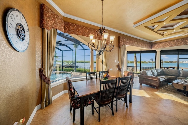 dining room with crown molding, a healthy amount of sunlight, coffered ceiling, and an inviting chandelier