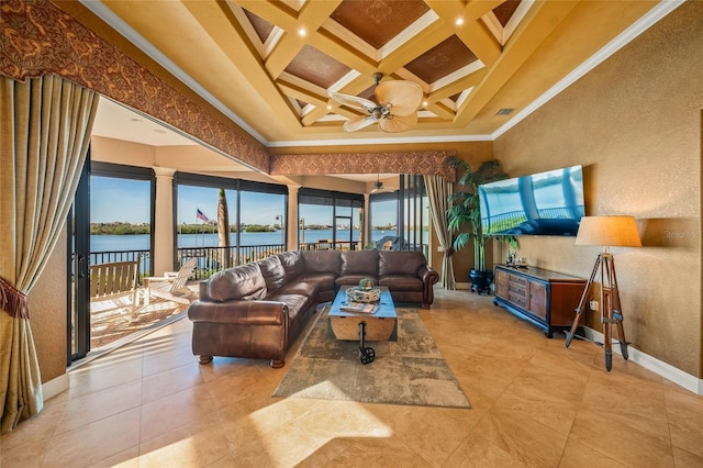 living room featuring beam ceiling, coffered ceiling, crown molding, a towering ceiling, and a water view