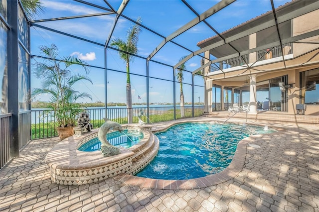 view of pool featuring a water view, pool water feature, a lanai, an in ground hot tub, and a patio