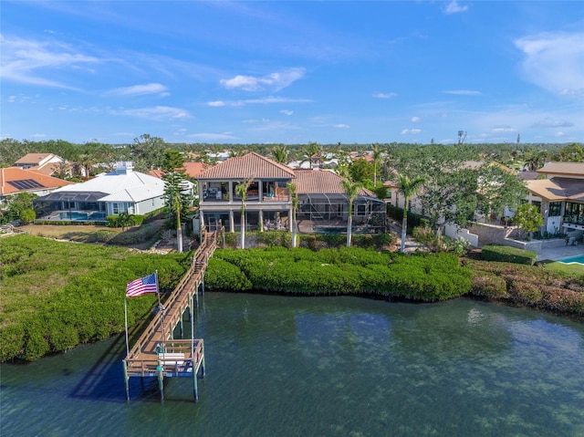 exterior space with a water view