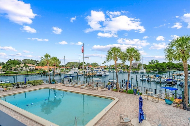 view of pool with a boat dock and a water view