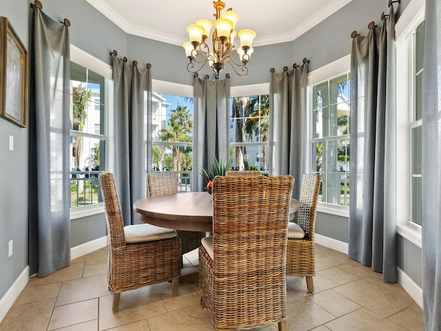 tiled dining space with plenty of natural light and a notable chandelier