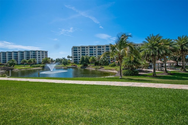 view of home's community featuring a yard and a water view