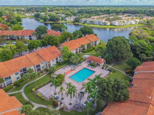 drone / aerial view featuring a water view