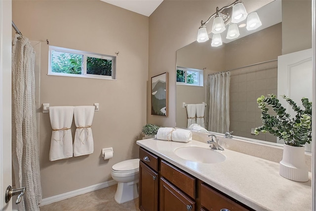 full bath with curtained shower, toilet, vanity, baseboards, and tile patterned floors