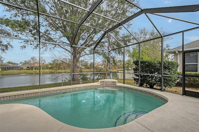 pool with glass enclosure, a jacuzzi, a water view, fence, and a patio area