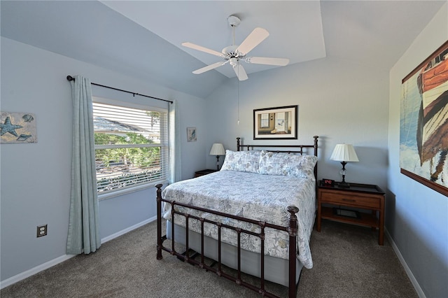 carpeted bedroom with ceiling fan and lofted ceiling