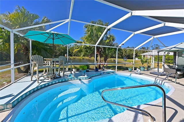 view of swimming pool with a patio and a lanai