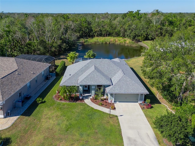 birds eye view of property featuring a water view