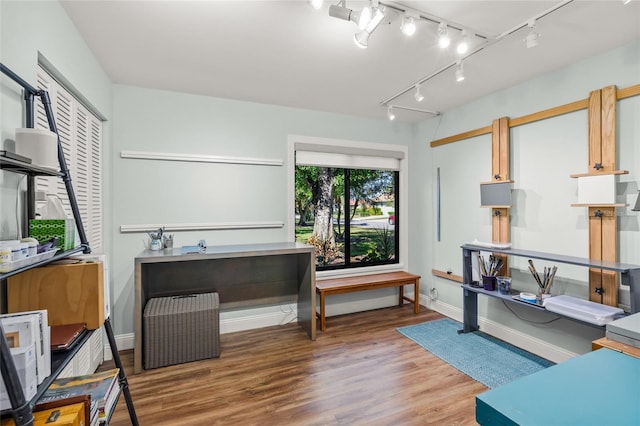 interior space with wood-type flooring and rail lighting