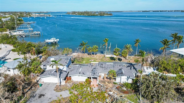 aerial view featuring a water view