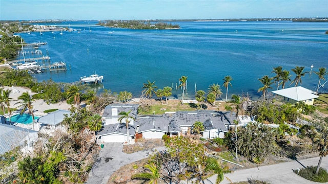 drone / aerial view featuring a water view