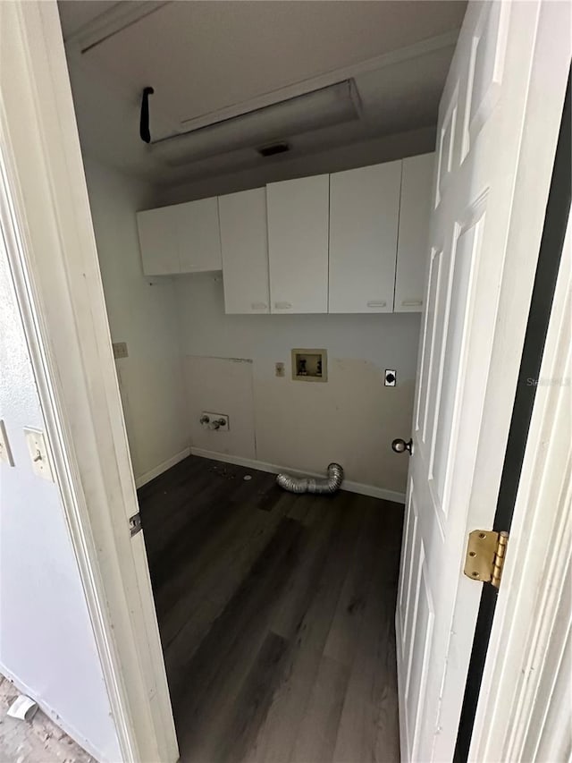 laundry area with cabinets, washer hookup, hookup for an electric dryer, and dark hardwood / wood-style flooring