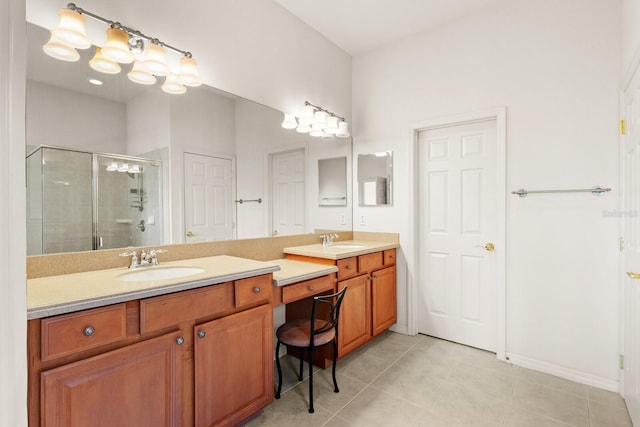 bathroom with tile patterned flooring, vanity, and an enclosed shower