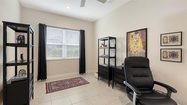 office space featuring light tile patterned floors and ceiling fan