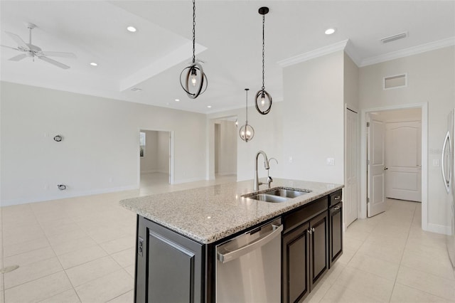 13789 Old Creek Ct, Parrish, FL 34219 - kitchen featuring stainless steel dishwasher, a ceiling fan, light tile patterned floors, a kitchen island with sink, and crown molding