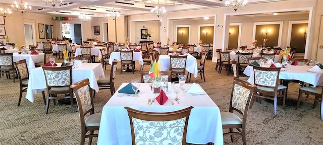 dining space featuring beamed ceiling, carpet floors, and coffered ceiling