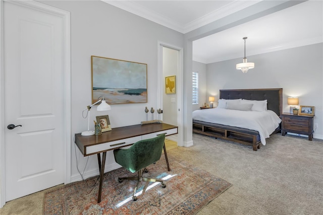 carpeted bedroom with ornamental molding