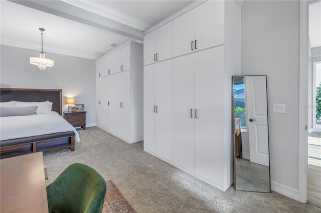 bedroom with light carpet and ornamental molding