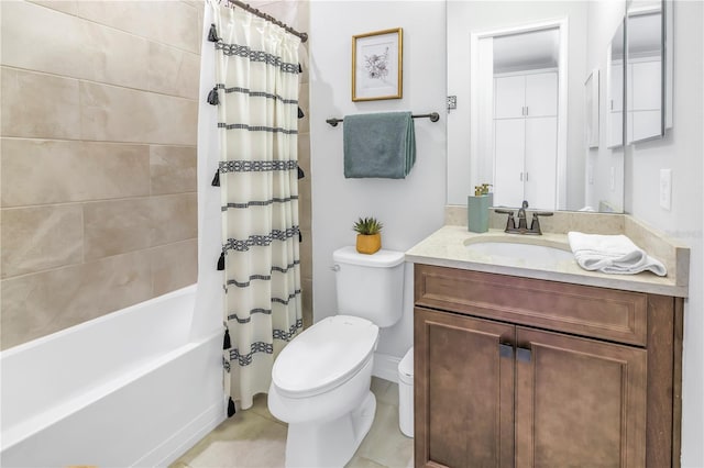 full bathroom featuring tile patterned flooring, vanity, shower / bath combination with curtain, and toilet