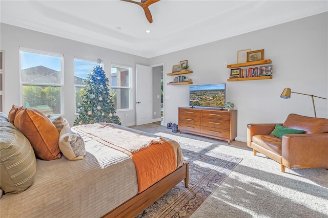 carpeted bedroom with ceiling fan