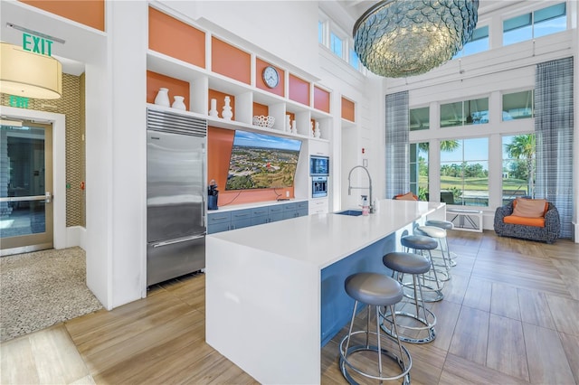 kitchen featuring built in appliances, a healthy amount of sunlight, sink, and light hardwood / wood-style flooring