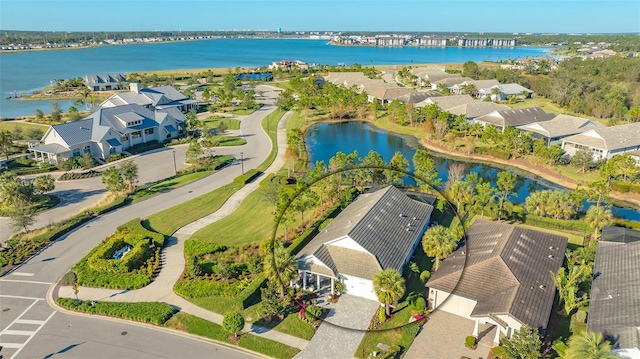 aerial view featuring a water view