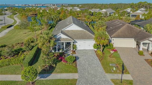 aerial view featuring a water view