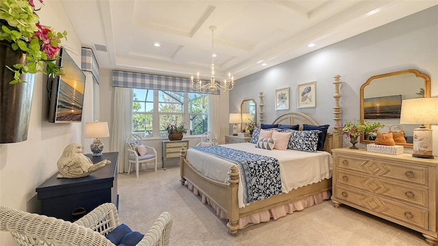 carpeted bedroom with beamed ceiling, a chandelier, and coffered ceiling