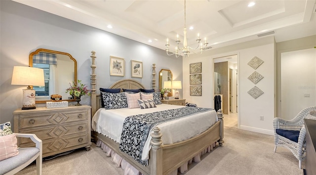 carpeted bedroom featuring coffered ceiling and an inviting chandelier