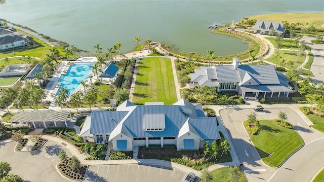 aerial view featuring a water view