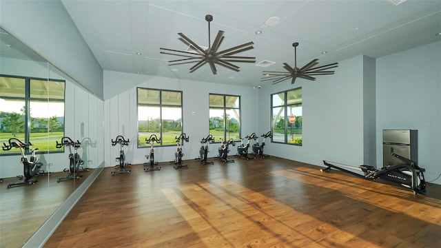 interior space featuring hardwood / wood-style flooring and ceiling fan