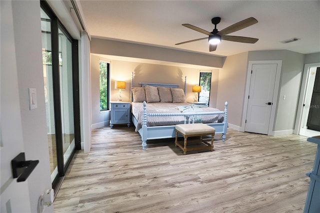 bedroom with ceiling fan and light hardwood / wood-style floors