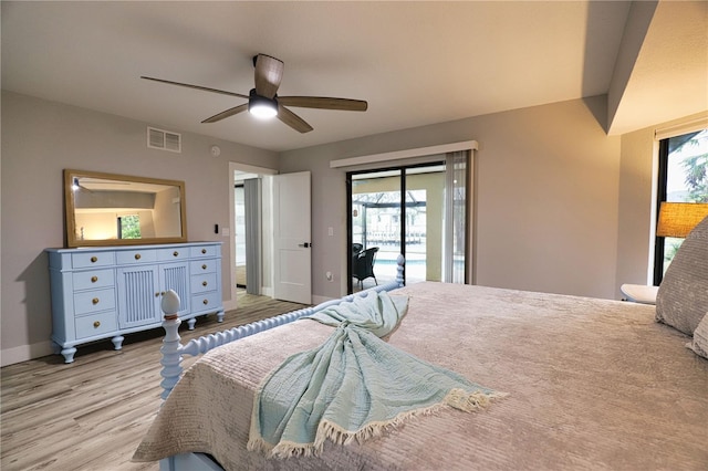 bedroom featuring ceiling fan, light wood-type flooring, and access to outside