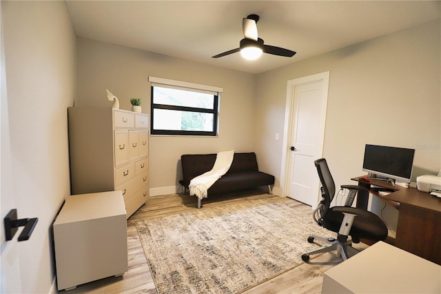 office space with ceiling fan and light wood-type flooring